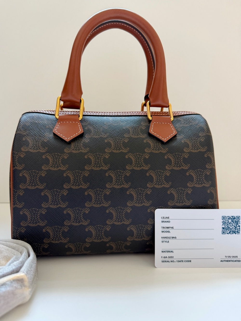 Pristine Celine Triomphe Small Boston Bag Brown Tan Canvas Calfskin Crossbody